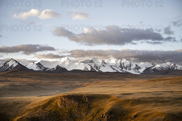 Glaciated and snow-covered mountains, autumnal mountain landscape with yellow grass in the morning light, Tian Shan, Sky Mountains, Sary Jaz Valley, Kyrgyzstan, Asia