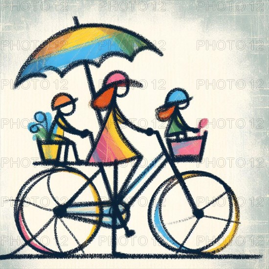 Abstract art of a family on a bicycle under a colorful umbrella, suggesting a cheerful, rainy scene, AI generated