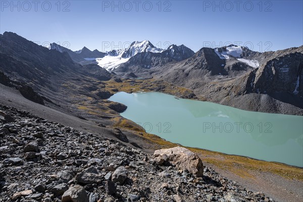 On the way to the Ala Kul Pass, view of mountains and glaciers and turquoise Ala Kul mountain lake, Tien Shan Mountains, Kyrgyzstan, Asia