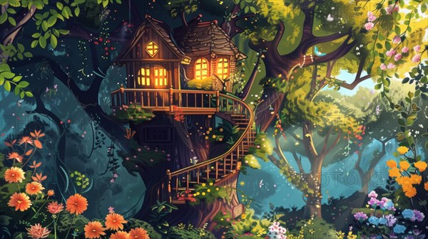 A cozy treehouse with warm lights is nestled in an enchanted twilight forest, surrounded by vibrant flowers, AI generated