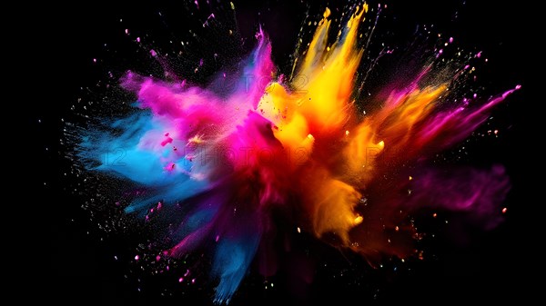 Rainbow-colored holi powder explosively dispersing against a black background, AI generated