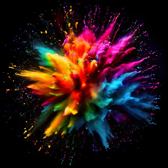 Rainbow-colored holi powder explosively dispersing against a black background, AI generated