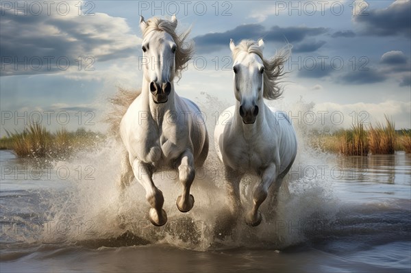 Two white horses running in the water, AI generated