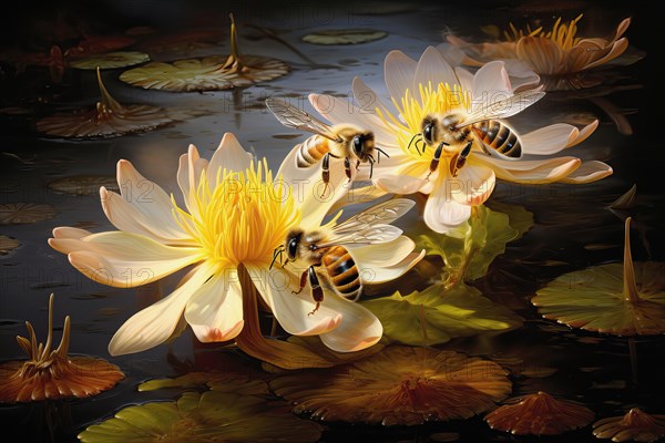 Stylized Honeybee foraging flowers, AI generated