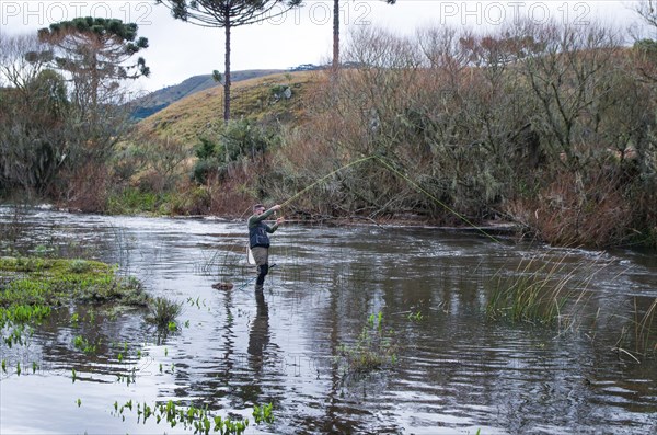 Fisherman fly fishing rainbow trout on mountain in beautiful scenery