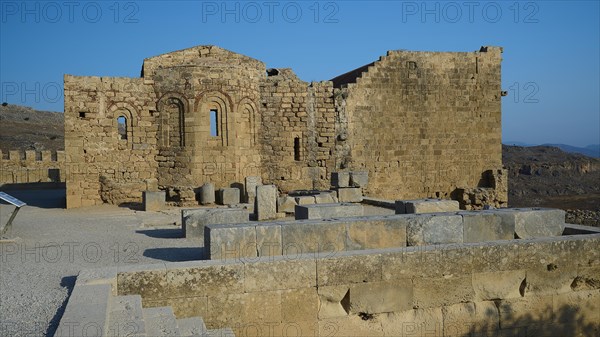 St John's Chapel, ruins of an old stone building under a clear blue sky during the day, St John's Fortress, Lindos, Rhodes, Dodecanese, Greek Islands, Greece, Europe
