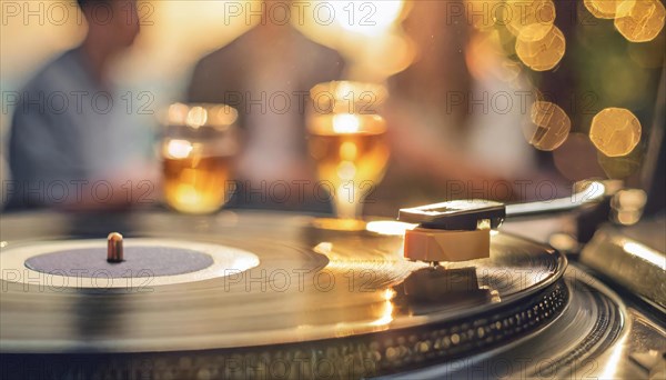 Close-up of a record player with vinyl disc playing, bokeh lights in the background, AI generated