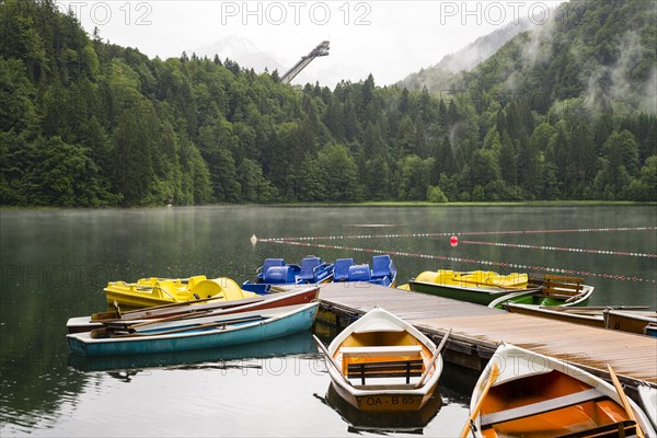 Freibergsee, behind it the Heini-Klopfer ski jump, near Oberstdorf, Allgaeu, Bavaria, Germany, Europe