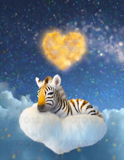 Whimsical illustration of a zebra on a cloud under a starry sky with a glowing heart constellation, AI generated