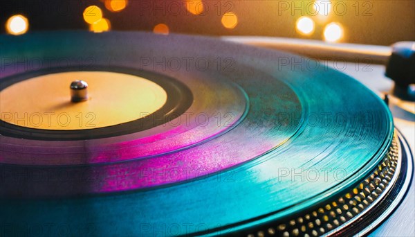 Vinyl play a song on a classic turntable against a vibrant background with bokeh effect ai generated, AI generated