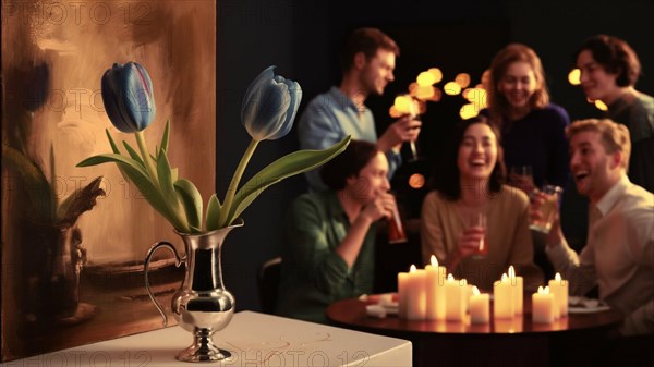 A group of people are sitting around a table with candles and wine glasses. One of the people is holding a vase with a blue flower in it. Scene is warm and inviting ai generated, AI generated