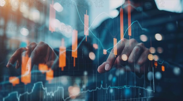 A man is pointing at a graph on a transparent screen showing market and economy trends, AI generated