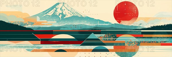 A serene scenery with the impressive Mount Fuji in the distance, surrounded by geometric patterns and abstract shapes inspired by Japanese cultural symbols, creating a harmonious balance between nature and human creativity, Japan, AI generated, AI generated, Asia