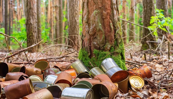 Symbolic photo, a forest of thick tree trunks, many rusty tin cans on the ground, waste, environmental pollution, AI generated, AI generated