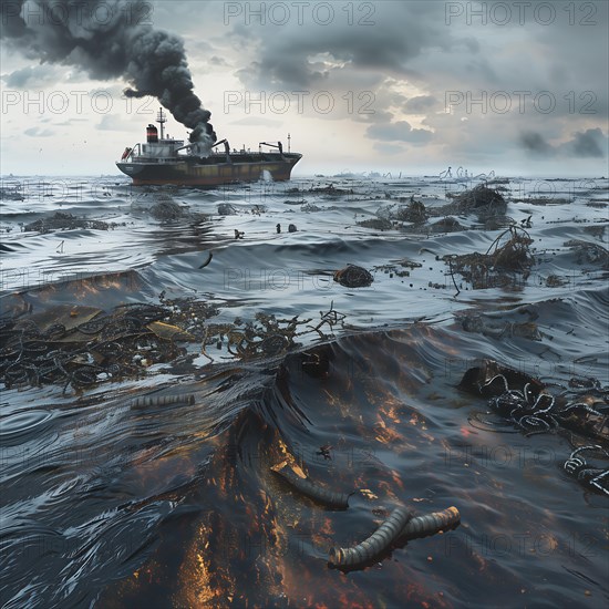 A ship causes smoke and oil pollution in a storm-tossed sea, pollution, environmental protection, AI generated