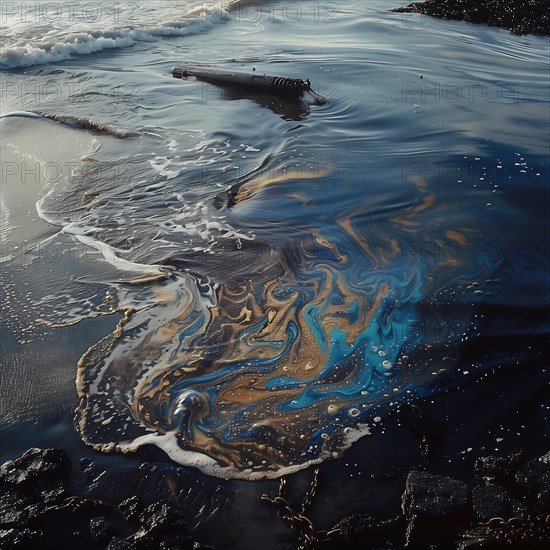 Oily substances contaminate the beach area, waves bring movement into the picture, environmental pollution, environmental protection, AI generated