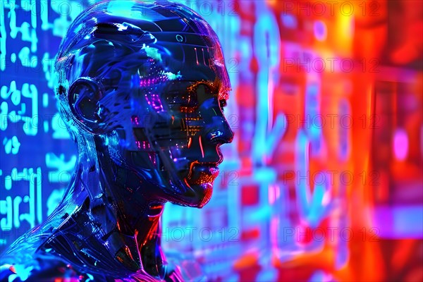 AI generated cybernetic male figure composed of fluid computer code symbolizing artificial intelligence