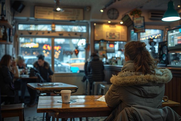 View from behind of a person sitting in a cozy cafe with warm lighting, AI generated