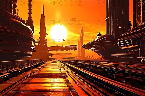 AI generated industrial futuristic landscape merging with ecopunk aesthetics in orange colors