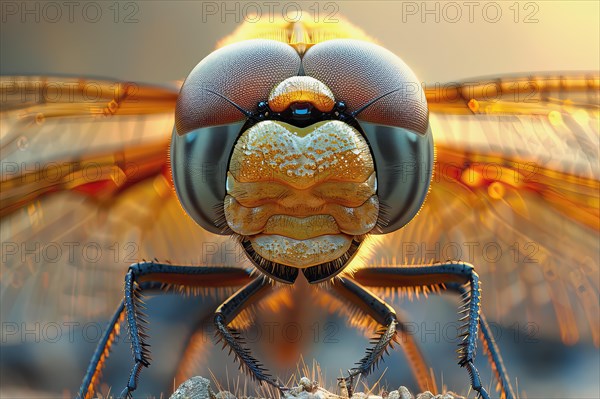 Stylized macro photography of a dragonfly head, AI generated