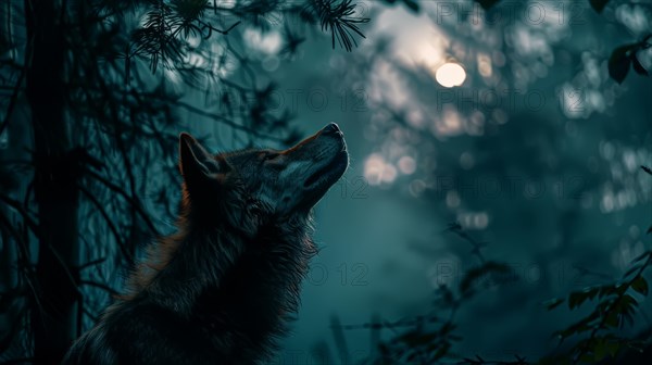 A contemplative wolf in a serene forest as dusk settles with the moon in the background, AI generated