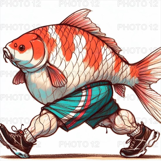 Imaginative and vibrant illustration of a goldfish character jogging in sportswear, combining elements of the underwater world with a humorous take on fitness and athleticism, AI generated
