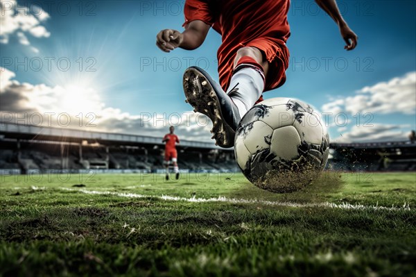 A soccer player kicks a ball on a football stadium field during game, AI generated