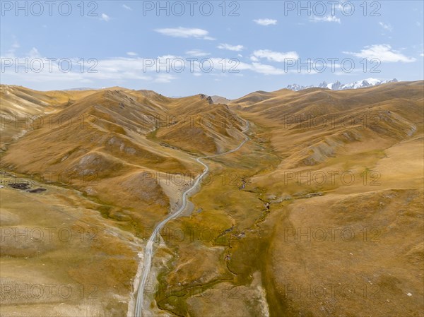 Aerial view, road winds through a mountain valley with hills of yellow grass, Naryn Province, Kyrgyzstan, Asia