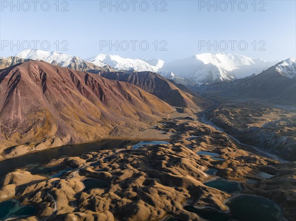 Aerial view, high mountain landscape with glacial moraines and mountain lakes, behind Pik Lenin, Trans Alay Mountains, Pamir Mountains, Osher Province, Kyrgyzstan, Asia