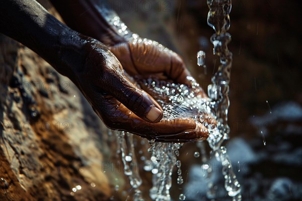 Black person's hand catching water inc upped hands. KI generiert, generiert, AI generated