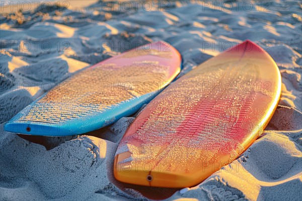 Two surfboards lying on beach. KI generiert, generiert, AI generated