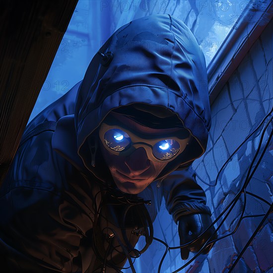 A burglar with night vision goggles climbs through a window at night, burglary, burglar, home invasion, AI generated
