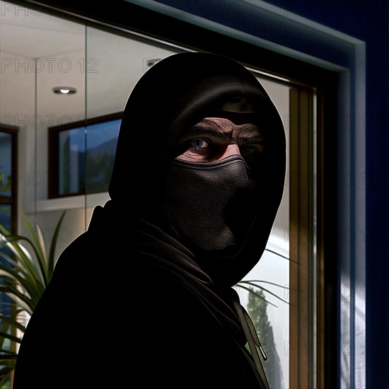 Portrait of a masked burglar hiding at night, burglary, burglar, home burglary, AI generated