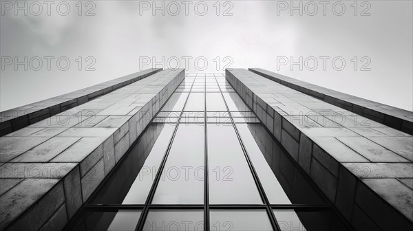 Symmetrical greyscale image viewed from below a modern building, showcasing its geometric design, AI generated
