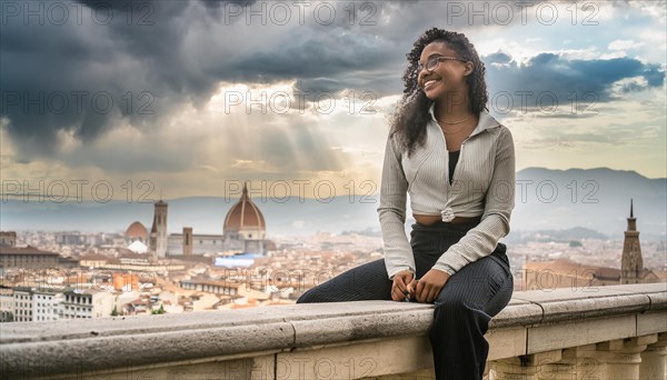 A smiling woman with glasses enjoying the view of Florence's cityscape on an overcast day, AI generated