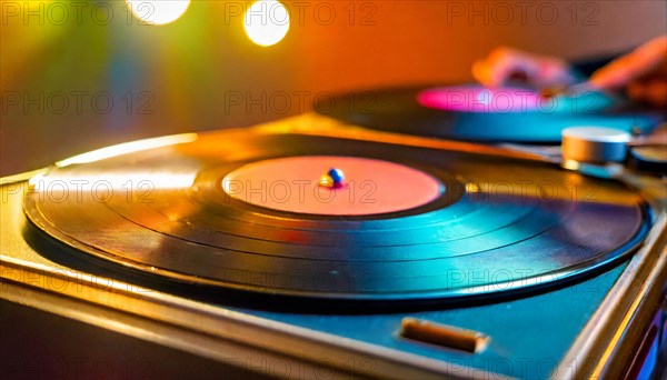 Close-up of a DJ's turntable in a nightclub with colorful lighting setting the mood for a music event, AI generated
