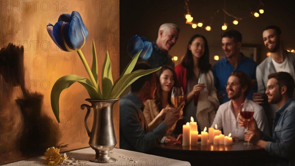 Elegant silver vase with tulips on a table at a social event with candles, friends in the background, AI generated