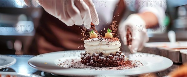 Chef is decorating a dessert with berries and other delicious additions of sweets and whipped cream, AI generated