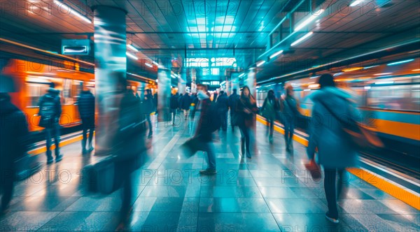 A busy train station with people walking around to board trains, AI generated