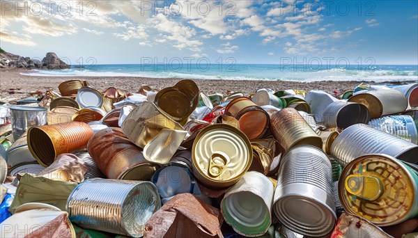Symbol photo, many empty tin cans, partly crushed, rusty, dirty, lying on the beach, AI generated, AI generated