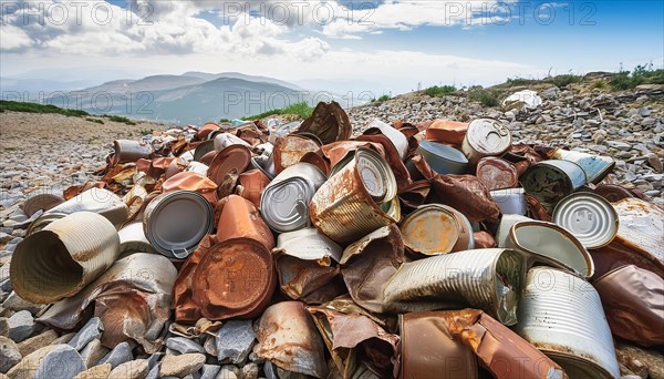 Symbol photo, many empty tin cans, partly crushed, rusty, dirty, lying in the landscape, AI generated, AI generated