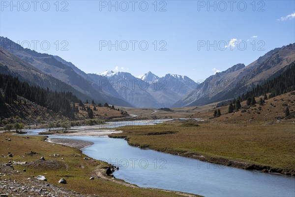 Landscape with high mountains and river in the Tien Shan, mountain valley, Issyk Kul, Kyrgyzstan, Asia