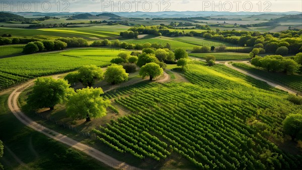 AI generated aerial view of a vineyard landscape interspersed with blooming wildflowers in spring