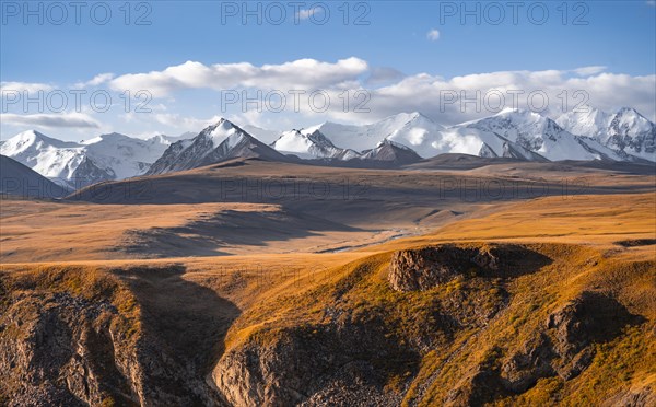 Glaciated and snow-covered mountains, autumnal mountain landscape with yellow grass in the morning light, Tian Shan, Sky Mountains, Sary Jaz Valley, Kyrgyzstan, Asia