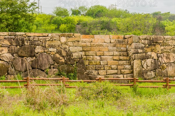 Stone steps on front of remains of Japanese stone fortress in Suncheon, South Korea, Asia