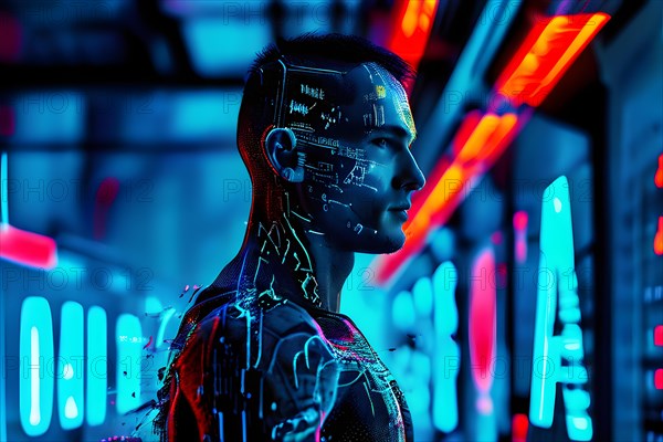 AI generated cybernetic male figure composed of fluid computer code symbolizing artificial intelligence