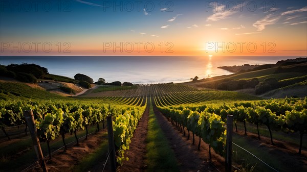 AI generated panoramic view of a coastal vineyard with ocean in the background in ambient light