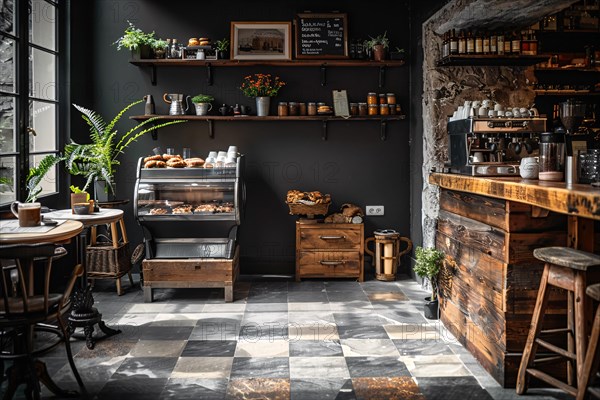 Rustic cafe interior with wooden furniture, pastries on display, and checkered floor, AI generated