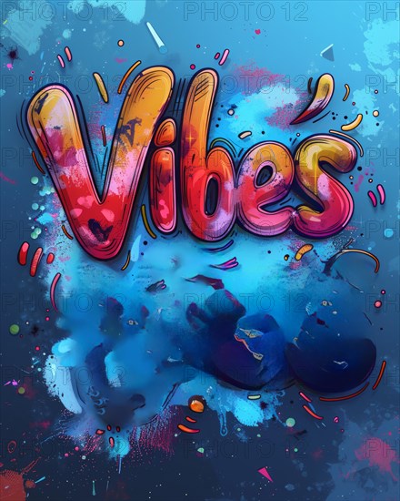 Colorful urban-style artwork with neon 'Vibes' script amid dynamic paint splashes, AI Generated, AI generated