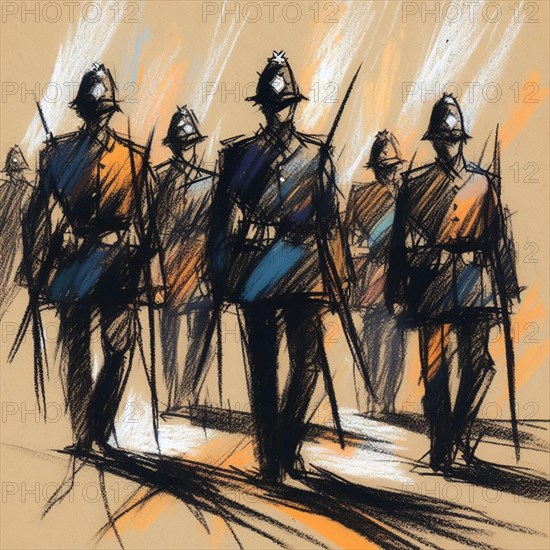 Abstract sketch of stoic soldiers in uniform standing in line with a sense of order, AI generated